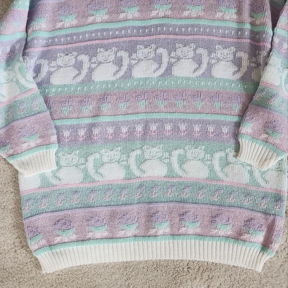 Vintage 1980s Rose Cats Fairy Kei Kawaii Pastel Sweater Sparkle Thread large - Picture 7 of 10